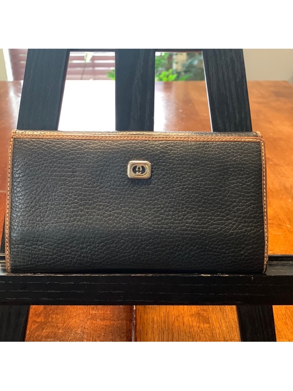 VTG Gucci Brown Leather Interlocking G KISS Lock Flap Wallet- Authentic 70s/80s